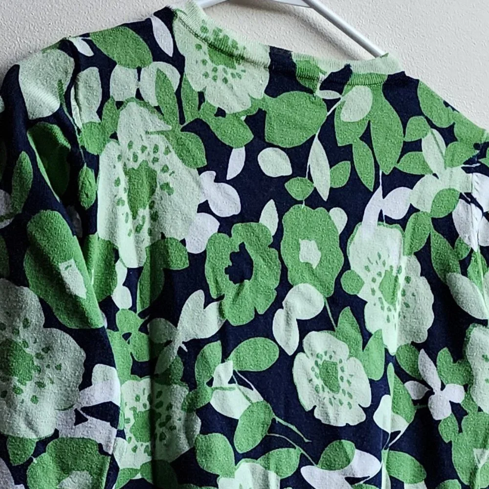 Charter Club Green/Navy Floral Button Down Cardigan Size Petite P Small